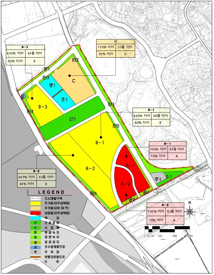 지도내용 : 경관녹지1, 완충녹지1, 주차장1, 소공원1, B-3 중 265%이하-45층이하, 60%이하-B, 주거용지(주상복합),오수중계펌프장, 완충녹지4, C 중 130%이하-55층이하, 50%이하-C, 완충녹지2~3, 중학교1,초등학교1,주거용지(아파트), B-2 중 265%이하 65층이하-60%이하-B, 주거용지(주상복합), 완충녹지6, B-1 중 265% 이하-60층 이하, 60% 이하-B, 완충녹지5, A-1 700% 이하-65층 이하, 70% 이하-A, 상업용지(주상복합), 공공녹지1, A-2 중 700 이하-65층 이하, 70%이하-A, 상업용지(주상복합), 공공녹지2 / 범례 : 도시개발구역, 주거용지(주상복합), 주거용지(아파트), 상업용지(주상복합), 학교, 근린공원, 소공원, 완중녹지, 경관녹지, 공공공지, 오수중계펌프장, 주차장, 보행자전용도로, 도로
