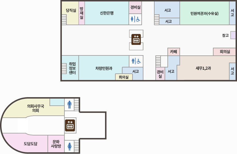 1층 청사안내도(왼쪽 상단, 시계방향으로) : 1.당직실, 방재실, 신한은행, 경비실 / 2. 서고, 서고, 민원여권과, 서고 / 3. 창고, 회의실, 카페 / 4. 서고, 세무1,2과, 서고, 경비실 / 4.서고, 회의실, 차량민원과, 취업정보센터 / 1층 청사안내도 (왼쪽하단 구역) : 의회사무국 의회, 국장실, 도담도담, 문화사랑방