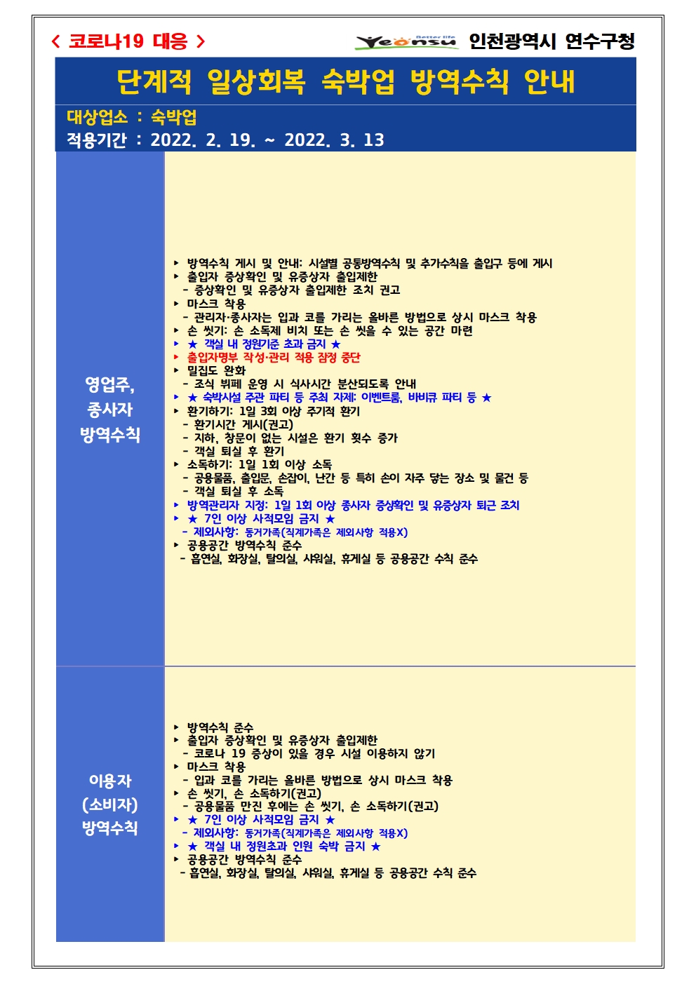 단계적 일상회복 지속을 위한 『숙박업 방역수칙 강화조치 재연장』 안내의 2번째 이미지