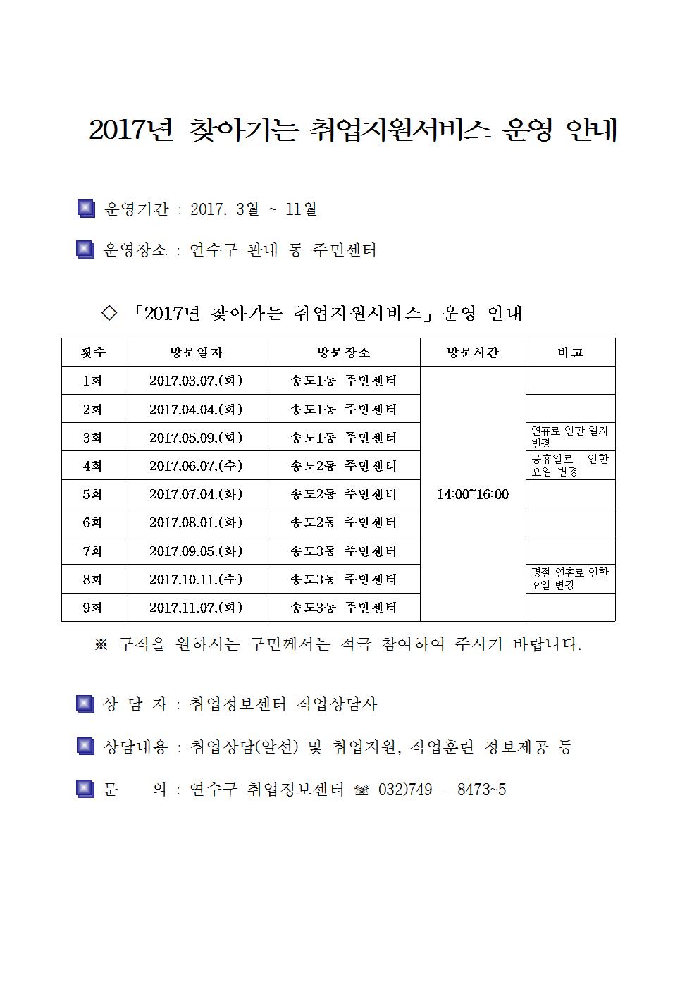 2017년 찾아가는 취업지원서비스 운영안내의 1번째 이미지