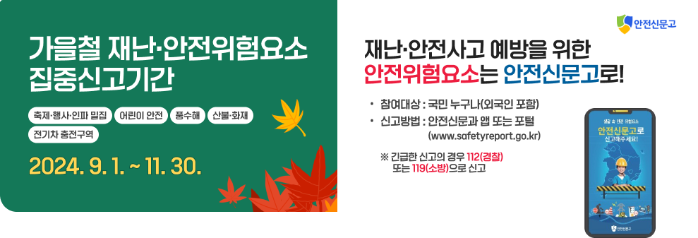 가을철 재난·안전위험요소 집중신고기간 축제·행사·인파 밀집 / 어린이 안전 / 풍수해 / 산불·화재 /전기차 충전구역 2024. 9. 1. ~ 11. 30.  재난·안전사고 예방을 위한 안전위험요소는 안전신문고로!  참여대상 : 국민 누구나(외국인 포함) 신고방법 : 안전신문과 앱 또는 포털                           (www.safetyreport.go.kr)  ※ 긴급한 신고의 경우 112(경찰) 또는 119(소방)으로 신고  안전신문고